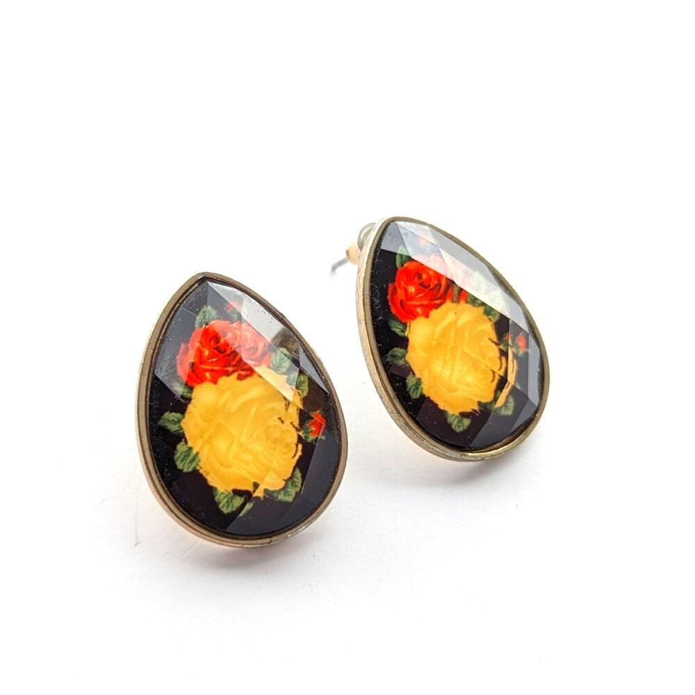 Vintage Estate Stunning Faceted Romantic Rose Print Tear Drop Post Stud Earrings